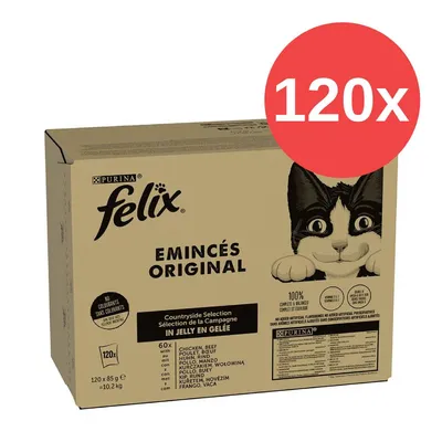 Purina Felix Emincés Original, Countryside Selection in Jelly, 120x85g Packung. Ohne Farbstoffe, 100% vollständige und ausgewogene Mahlzeit. Purina Felix Emincés Original, Countryside Selection in Jelly, 120x85g Packung. Ohne Farbstoffe, 100% vollständige und ausgewogene Mahlzeit.