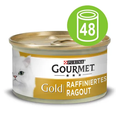 Conservă Purina Gourmet Gold Raffiniertes Ragout, imagine cu o pisică albă pe ambalaj și simbol verde cu cifra 48 indicând un pachet de 48 bucăți.