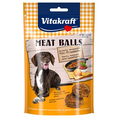 Vitakraft Meat Balls. Hearty, homemade mini meatballs. No colourings or artificial flavour enhancers. Sugar free recipe.