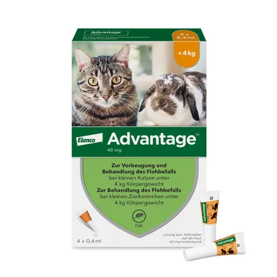 Elanco Advantage 40 mg. Zur Vorbeugung und Behandlung des Flohbefalls bei kleinen Katzen und Zierkaninchen unter 4 kg Körpergewicht. Packung mit 4 x 0,4 ml Lösung zum Auftropfen.
