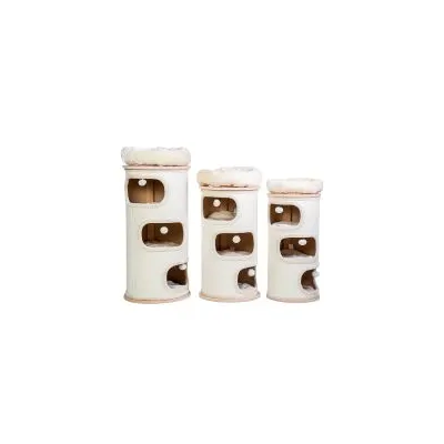 Tre tiragraffi cilindrici in tessuto chiaro con più aperture e cuscino superiore, disponibili in tre altezze diverse.