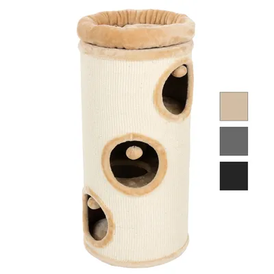 Kratzbaum in zylindrischer Form mit drei Öffnungen, beige Plüschpolsterung und Spielbällen. Farboptionen: Beige, Grau, Schwarz.