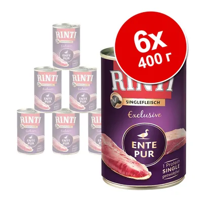 Комплект 6 консерви Rinti Singlefleisch Exclusive Ente Pur, всяка по 400 г. Видими надписи: 1 Protein Single getreidefrei.