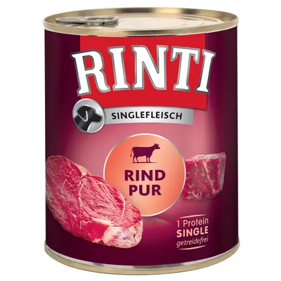 RINTI Singlefleisch Rind Pur -naudanlihasäilyke, etiketissä naudan kuva ja tekstit: 1 Protein Single, getreidefrei. Kuvassa lihapaloja.