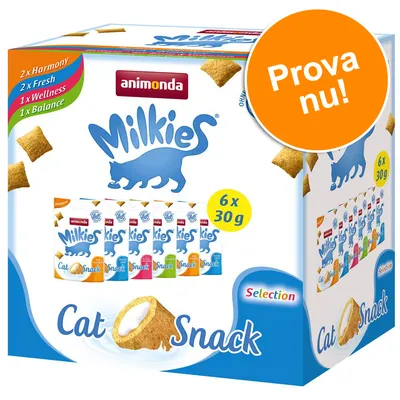 animonda Milkies Cat Snack Selection, 6 x 30 g. Innehåller: 2x Harmony, 2x Fresh, 1x Wellness, 1x Balance. Stor orange cirkel med texten 'Prova nu!'.