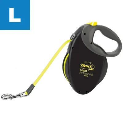 Smycz automatyczna Flexi Giant Professional 10 m, rozmiar L, czarna z żółtą taśmą i metalowym karabińczykiem. Widoczne logo i oznaczenie długości na obudowie. Smycz automatyczna Flexi Giant Professional 10 m, rozmiar L, czarna z żółtą taśmą i metalowym karabińczykiem. Widoczne logo i oznaczenie długości na obudowie.