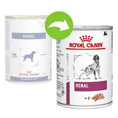 To dåser Royal Canin Renal hundefoder, én med ældre og én med ny emballage. Synlig tekst: ROYAL CANIN, RENAL, VETERINARY, LOAF. Billede af hund på begge dåser.