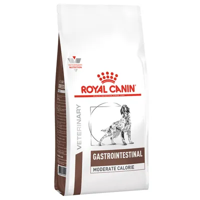 Royal Canin Veterinary Gastrointestinal Moderate Calorie hondenvoer, witte zak met afbeelding van hond en tekst 'Veterinary Nutrition', 'Gastrointestinal', 'Moderate Calorie'.