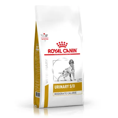 Royal Canin Urinary S/O Moderate Calorie hondenvoer, verpakking met afbeelding van hond en tekst 'Veterinary Nutrition', 'Urinary S/O', 'Moderate Calorie'.