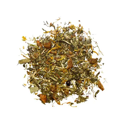 Mélange d’herbes séchées et morceaux de plantes, sans emballage visible, ingrédients non identifiables individuellement.
