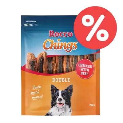 Rocco Chings Double Chicken with Beef, 200g. Wieder verschließbare Verpackung mit Hundebild und Text: Double meat & pleasure!
