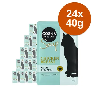 Cosma Pure Love Soup Chicken Breast with Pumpkin macskaeledel, 24×40 g tasakos csomagolásban. Látható szöveg: in delicate broth.