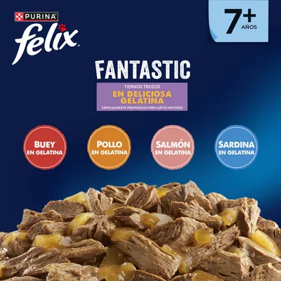 Purina Felix Fantastic, tiernos trozos en gelatina para gatos a partir de 7 años. Variedades: ternera, pollo, salmón, sardina en gelatina. Especialmente indicado para gatos mayores. Purina Felix Fantastic, tiernos trozos en gelatina para gatos a partir de 7 años. Variedades: ternera, pollo, salmón, sardina en gelatina. Especialmente indicado para gatos mayores.