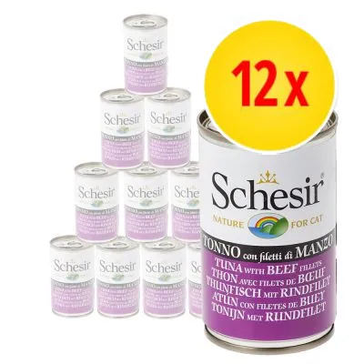 12 burkar Schesir Nature for Cat, tonfisk med biffiléer. Text på burken: TUNA with BEEF fillets, THUNFISCH mit RINDFILET, ATUN con filetes de BUEY.