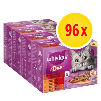 Whiskas Duo Classic Combos, 96 x saszetek. Widoczne opakowania z kotem i talerzem karmy w galarecie. Napisy: in Gelee, NEU, zestaw smaków na froncie. Whiskas Duo Classic Combos, 96 x saszetek. Widoczne opakowania z kotem i talerzem karmy w galarecie. Napisy: in Gelee, NEU, zestaw smaków na froncie.
