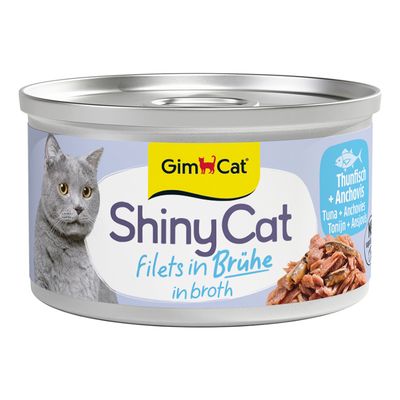 Lot de 12 boîtes GimCat ShinyCat Filet, 70 g chacune, saveur poulet. Texte visible : Hühnchen Kip Poulet. Emballage avec image de chat blanc.