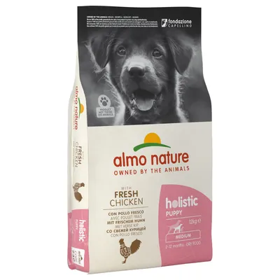 Almo Nature Holistic Puppy Trockenfutter mit frischem Huhn, 12kg, für Welpen von 2-12 Monaten. Produkt nicht an Tieren getestet.