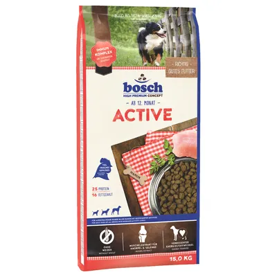 Bosch High Premium Concept Active, ab 12. Monat, 15kg. Viel frisches Geflügel, 25% Protein, 16% Fettgehalt, ohne Weizen, Muschelextrakt für Gelenke, verbesserter Energiestoffwechsel.
