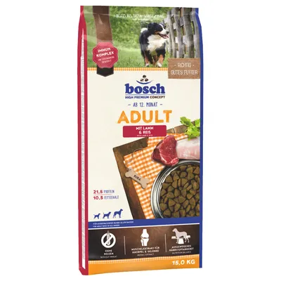 Bosch Adult cibo per cani dai 12 mesi, con agnello e riso. Senza frumento, estratto di molluschi per le articolazioni, apporto nutritivo equilibrato. Confezione da 15kg, 21,5% proteine, 10,5% grassi.