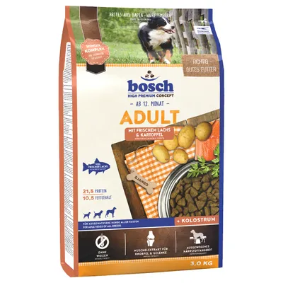 bosch High Premium Concept Adult hondenvoer, ab 12. Monat, met verse zalm en aardappel, 21,5% eiwit, 10,5% vetgehalte, zonder tarwe, 3,0 kg verpakking zichtbaar.