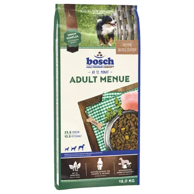 Bosch Adult Menue, High Premium Concept, de la 12 luni. 15kg hrană uscată cu 23,5% proteine, 13,5% grăsimi, amestec de ierburi, extract de scoici pentru articulații, nutrienți echilibrați.