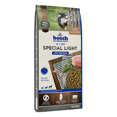 Bosch High Premium Concept Special Light, de la 12 luni, conținut scăzut de proteine, fără grâu, cu extract de scoici pentru articulații, energie redusă 13%, pachet 12,5 kg.