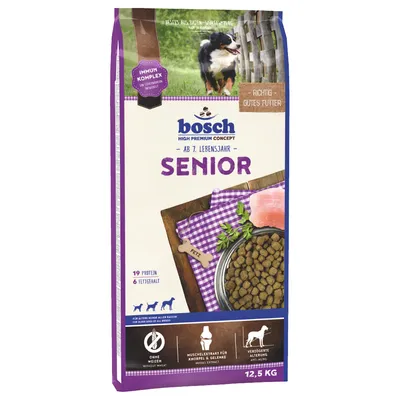 Bosch High Premium Concept Senior krmivo pro psy od 7. roku, 12,5 kg. Bez pšenice, extrakt z mušlí na klouby, zpomalení stárnutí. 19 % bílkovin, 6 % tuku.