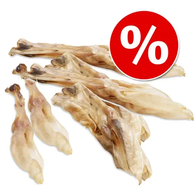 Several dried animal chews with a red percentage discount symbol in the corner, indicating special offer or promotion on the product.