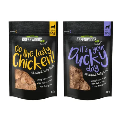 Lot Greenwoods Nuggets 5 x 100 g pour chien - lot mixte : 3 x poulet / 2 x canard