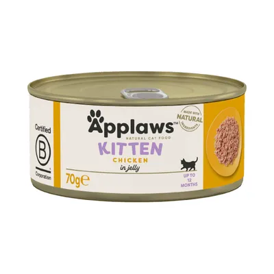 Konzerva Applaws Kitten Chicken in jelly, 70 g. Prírodné ingrediencie, pre mačiatka do 12 mesiacov. Certifikácia B Corporation. Na etikete obrázok krmiva. Konzerva Applaws Kitten Chicken in jelly, 70 g. Prírodné ingrediencie, pre mačiatka do 12 mesiacov. Certifikácia B Corporation. Na etikete obrázok krmiva.