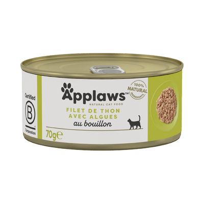 Boîte Applaws Natural Cat Food, Chicken Breast in broth, 70 g. Texte visible : 100% natural ingredients, Certified B Corporation. Image de morceaux de poulet sur l’étiquette.