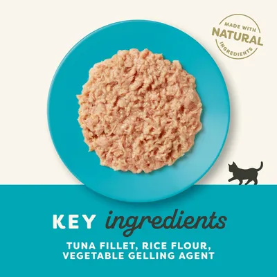 Key ingredients: tuna fillet, rice flour, vegetable gelling agent. Made with natural ingredients. Tekst w języku angielskim.