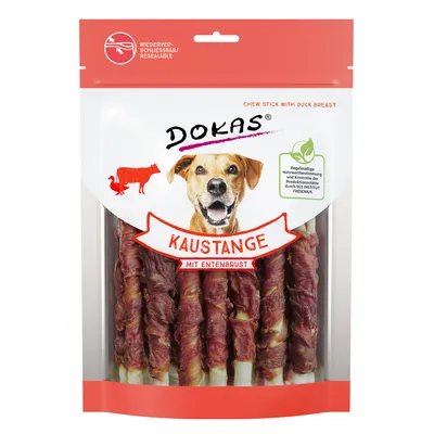 Dokas barrita masticable con pechuga de pato, envase resellable. Análisis y control nutricional regular por SGS Institut Fresenius.