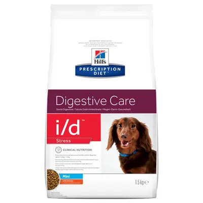 Hill's Prescription Diet Digestive Care i/d Stress Mini with Chicken, 1,5 kg. Pakkauksessa ruskea koira ja nappuloita. Näkyvissä englanninkielistä tuotetekstiä.