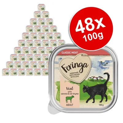 Pack of 48 Feringa Classic Meat trays, each 100g, veal with carrots and cat thyme for adult pets. Product packaging and quantity are shown.