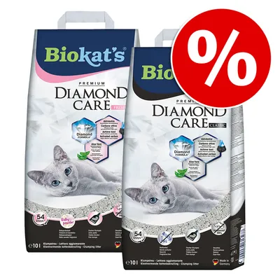 Biokat's Diamond Care Fresh und Classic Klumpstreu mit Aktivkohle, Aloe Vera und Babypuderduft. 54 Tage Frische, Made in Germany, Angebot mit rotem Prozentzeichen.