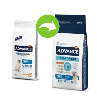 Две опаковки Advance Active Defense Adult Maxi 18 кг за кучета, показващи промяна в дизайна. Видими са лого, снимка на куче и текст: Adult Maxi +30 кг, пребиотици, пробиотици, фибри. Две опаковки Advance Active Defense Adult Maxi 18 кг за кучета, показващи промяна в дизайна. Видими са лого, снимка на куче и текст: Adult Maxi +30 кг, пребиотици, пробиотици, фибри.