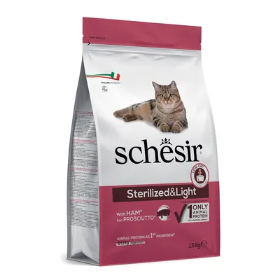 Schesir Sterilized & Light karma dla kotów z szynką, 1,5 kg. Białko zwierzęce jako główny składnik, niska zawartość tłuszczu, produkt włoski.