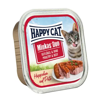 Happy Cat Minkas Duo fjäderfä & nötkött. Bitar på paté, kattmat i skål med bild av en katt och serverad produkt.