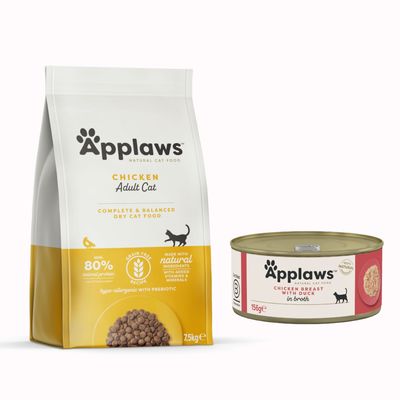 Applaws Natural Cat Food karma sucha dla kotów dorosłych Chicken with Salmon, 80% białka zwierzęcego, bez zbóż, puszka z piersią kurczaka i kaczką, znak procentowy oznaczający promocję.