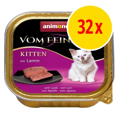 Animonda Vom Feinsten Kitten with Lamb, pack of 32. Product packaging shows food portion and text indicating lamb as main ingredient.