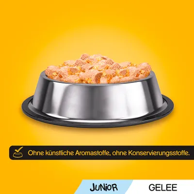 Mokra hrana za juniore u želeu u metalnoj zdjeli. Tekst na njemačkom: Ohne künstliche Aromastoffe, ohne Konservierungsstoffe. Oznaka: JUNIOR GELEE.