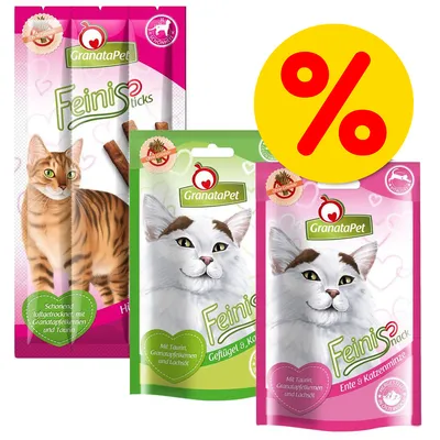 GranataPet Feinis Snacks für Katzen in drei Sorten: Sticks, Geflügel & Katzengras, Ente & Katzenminze. Schonend luftgetrocknet mit Granatapfelkernen und Taurin.