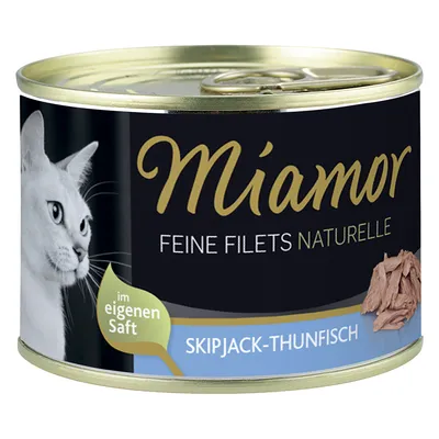 Boîte de filets pour chat Miamor, texte visible : Feine Filets Naturelle, im eigenen Saft, Skipjack-Thunfisch. Image d’un chat et morceaux de thon sur l’étiquette.