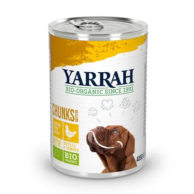 Yarrah Bio-Organic Since 1992, Chunks with Chicken with Nettle & Tomato, BIO ORGANIC, blik van 405 g met afbeelding van hond op het etiket.