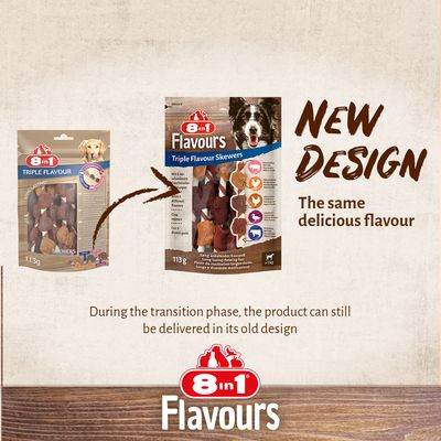 8in1 Flavours Triple Flavour Skewers 113g – starý a nový dizajn balenia, text: New Design, The same delicious flavour. Počas prechodu môže byť doručené v starom dizajne.