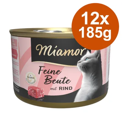 Miamor Feine Beute mit Rind, 12x185g, getreidefrei mit Taurin. Abgebildet: Dose mit Katzenmotiv und Fleischstück.