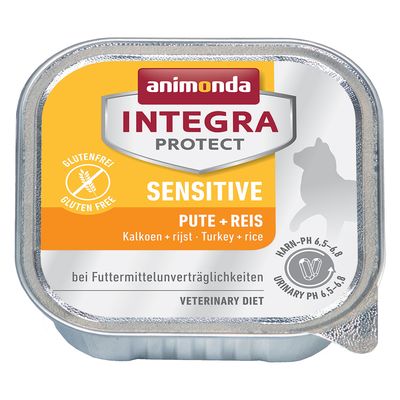 animonda INTEGRA PROTECT SENSITIVE PUTE + REIS, sans gluten, dinde et riz, Veterinary Diet, urinary pH 6,5–6,8, pour intolérances alimentaires. Texte en allemand et anglais visible.