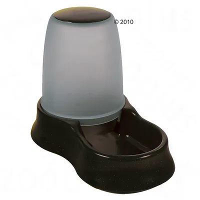Distributore automatico per acqua o cibo in plastica nera con serbatoio trasparente, senza marchi visibili.