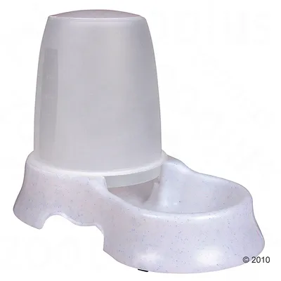 Distributore automatico per acqua o cibo in plastica bianca con serbatoio trasparente graduato e ciotola integrata.